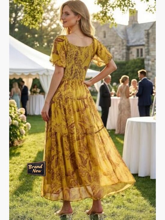 Maxi Dress Square Neck Puff Sleeve Flowy A-Line Summer Casual Boho - Picture 2 of 7